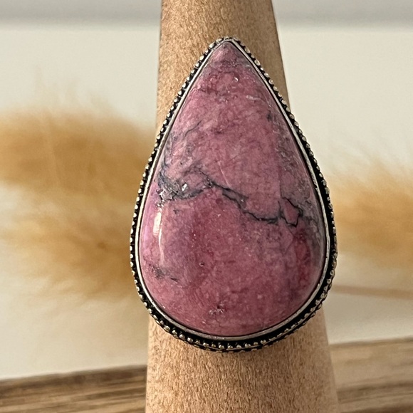 New 925 Stamped Sterling Silver Overlay Rhodonite Gemstone Ring Size 7.75 - Picture 1 of 8